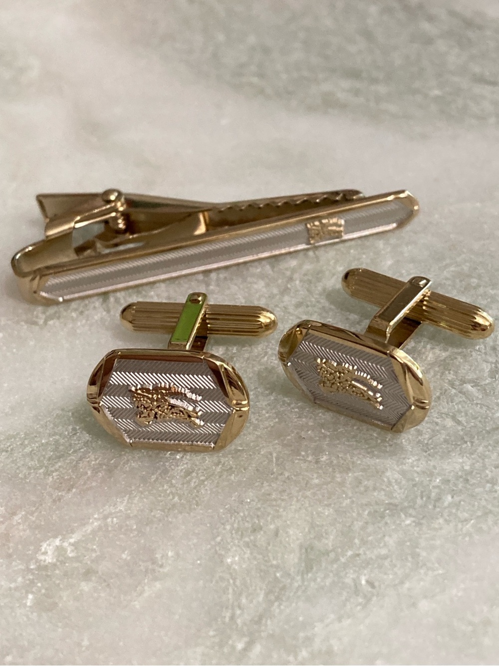 Burberry 925 Silver Cuff Links + Tie Clip Set Vintage
